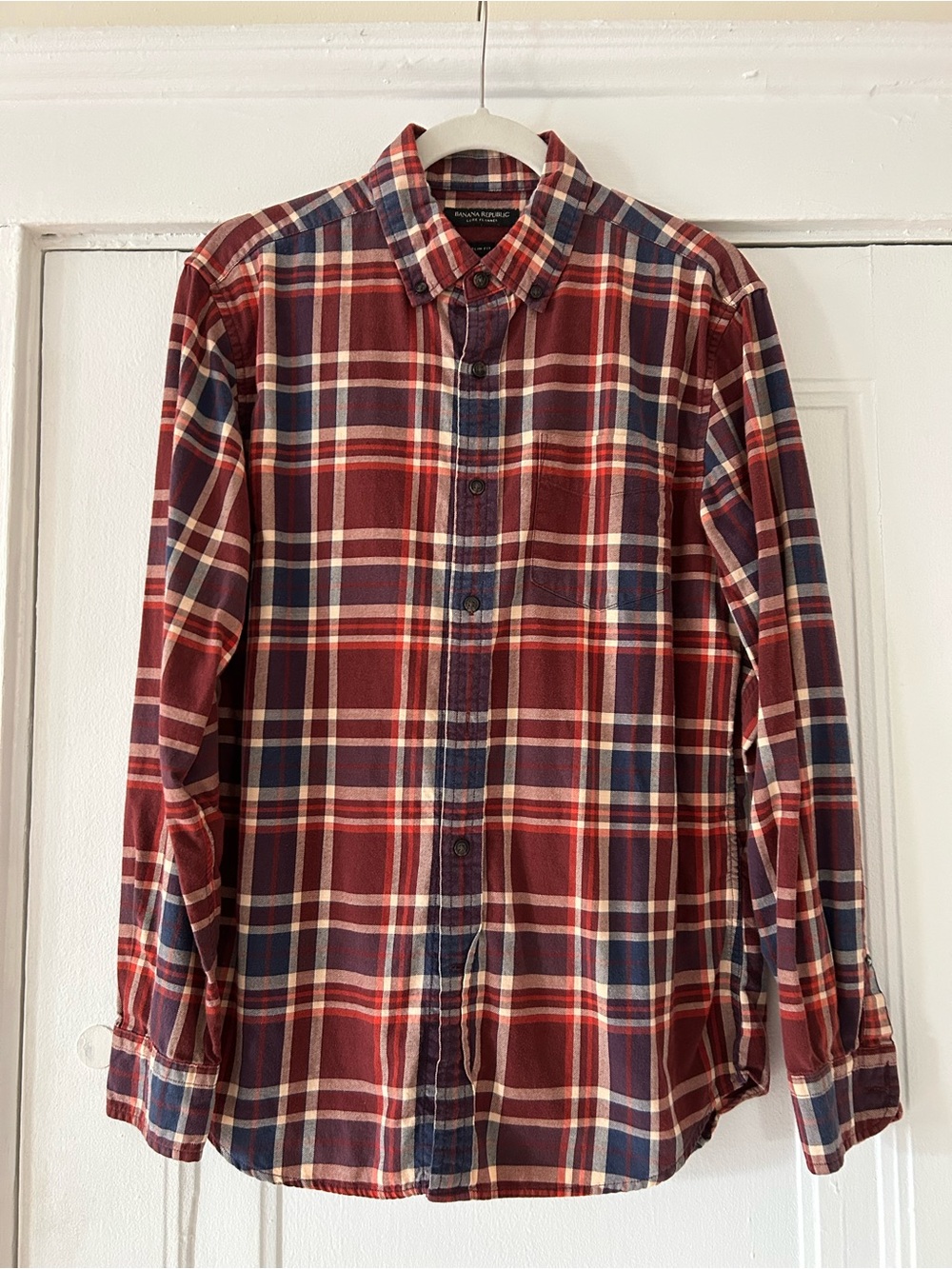 Banana Republic Red and Navy Plaid Button-Down Shirt